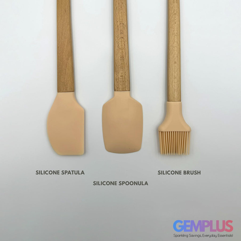 GEM+ | Premium Wooden/Silicone Utensil Set - 3 Piece Spatula Spoonula and Brush