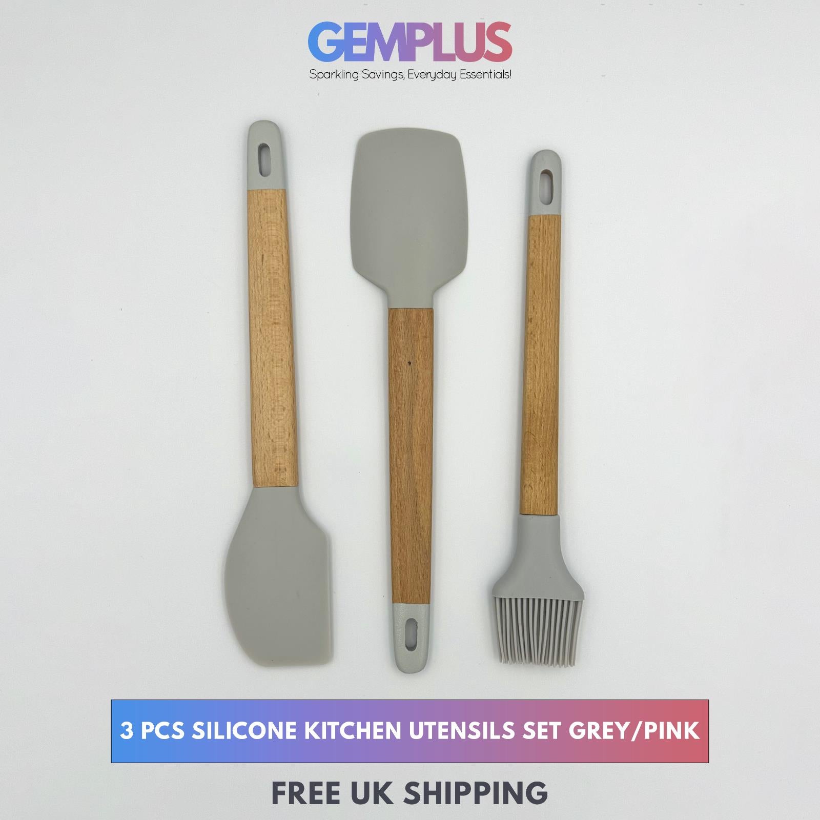 GEM+ | Premium Wooden/Silicone Utensil Set - 3 Piece Spatula Spoonula and Brush