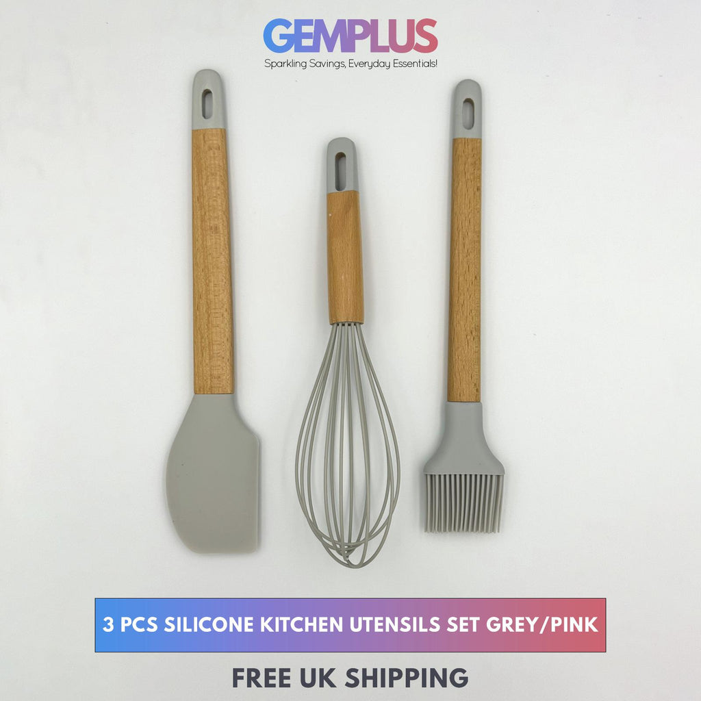 GEM+ | Premium Wooden/Silicone Utensil Set - 3 Piece: Spatula, Whisk, and Brush