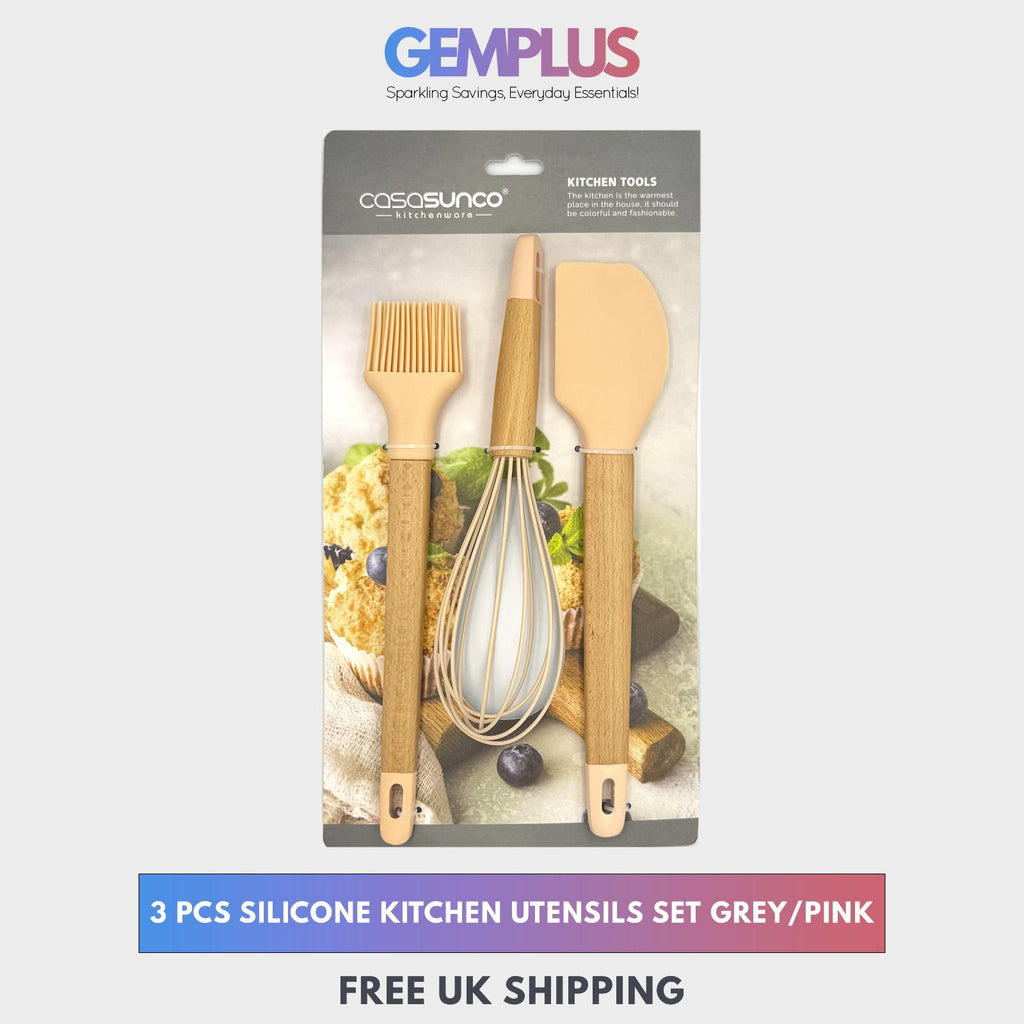 GEM+ | Premium Wooden/Silicone Utensil Set - 3 Piece: Spatula, Whisk, and Brush
