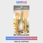 GEM+ | Premium Wooden/Silicone Utensil Set - 3 Piece: Spatula, Whisk, and Brush