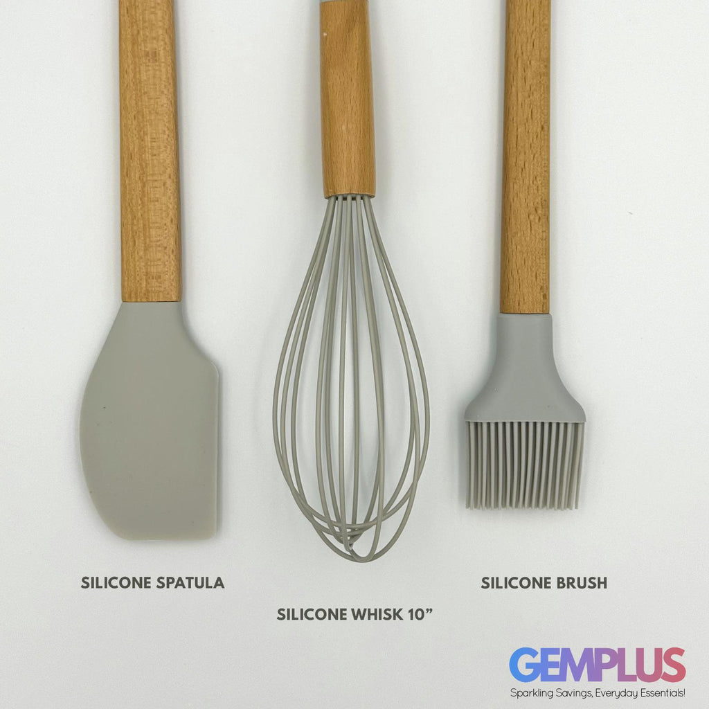 GEM+ | Premium Wooden/Silicone Utensil Set - 3 Piece: Spatula, Whisk, and Brush