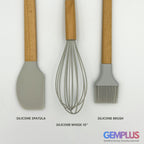 GEM+ | Premium Wooden/Silicone Utensil Set - 3 Piece: Spatula, Whisk, and Brush