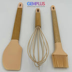 GEM+ | Premium Wooden/Silicone Utensil Set - 3 Piece: Spatula, Whisk, and Brush