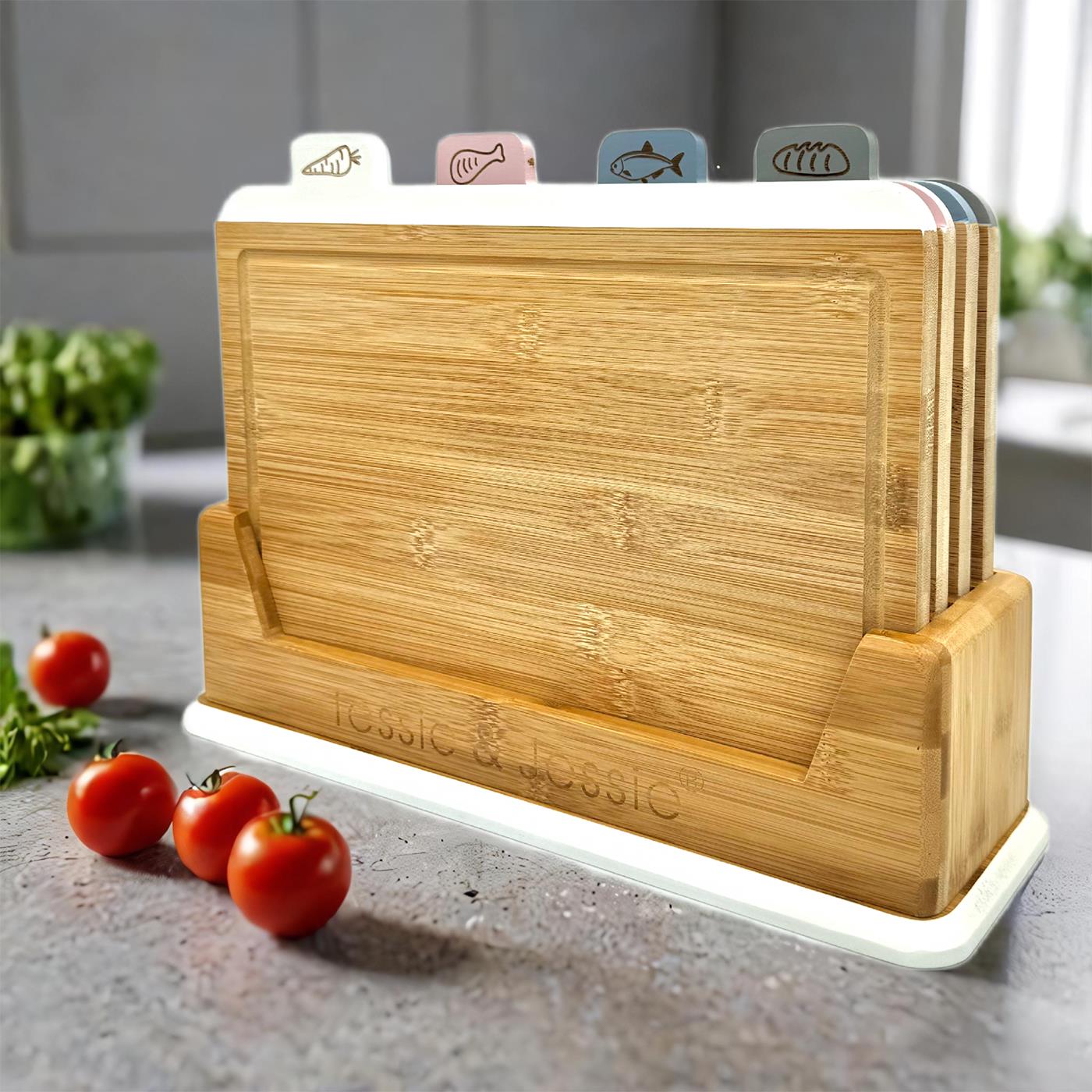 GEM+ | 4 PCS Premium Natural Bamboo Color Coded Chopping Board Set Veggies Meat