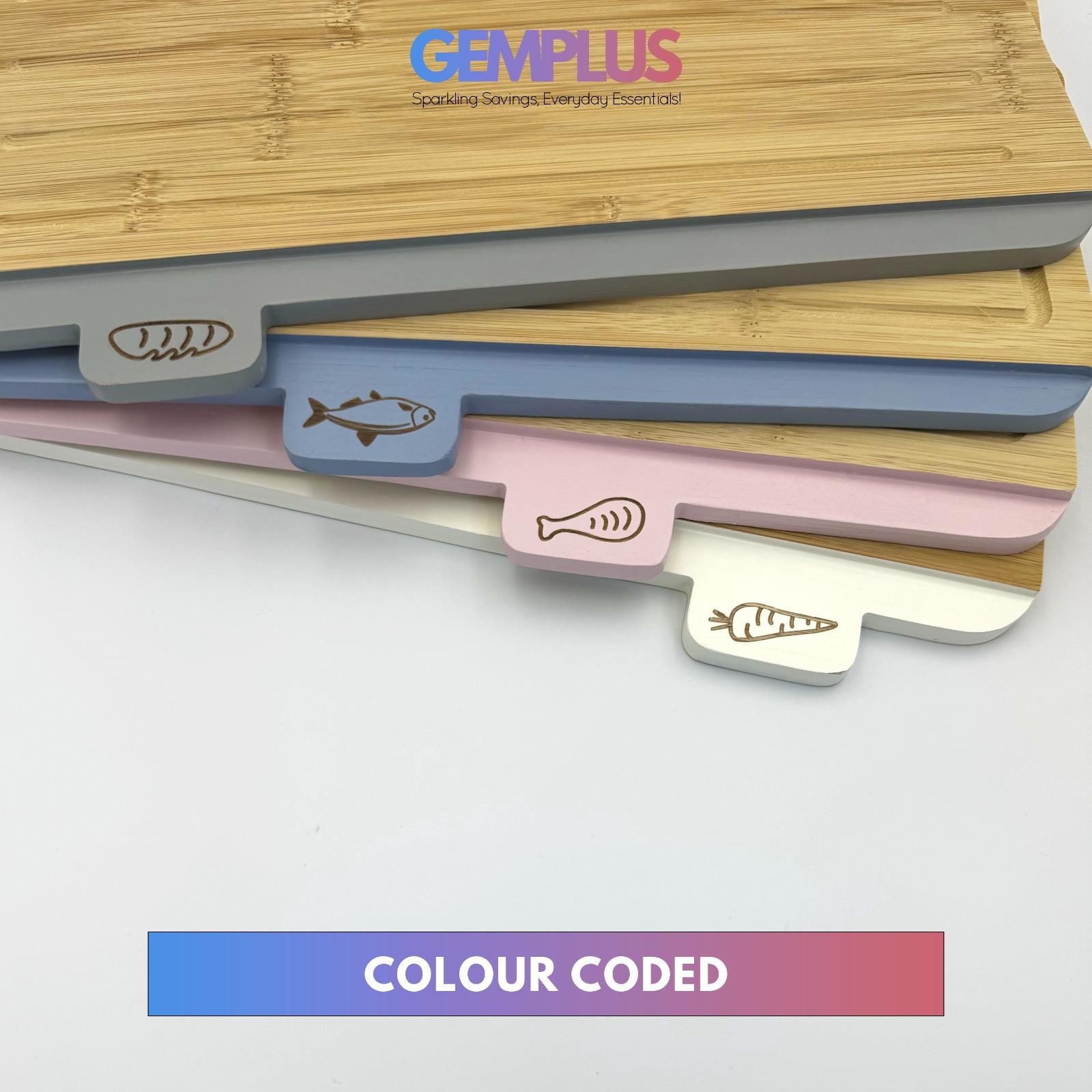 GEM+ | 4 PCS Premium Natural Bamboo Color Coded Chopping Board Set Veggies Meat