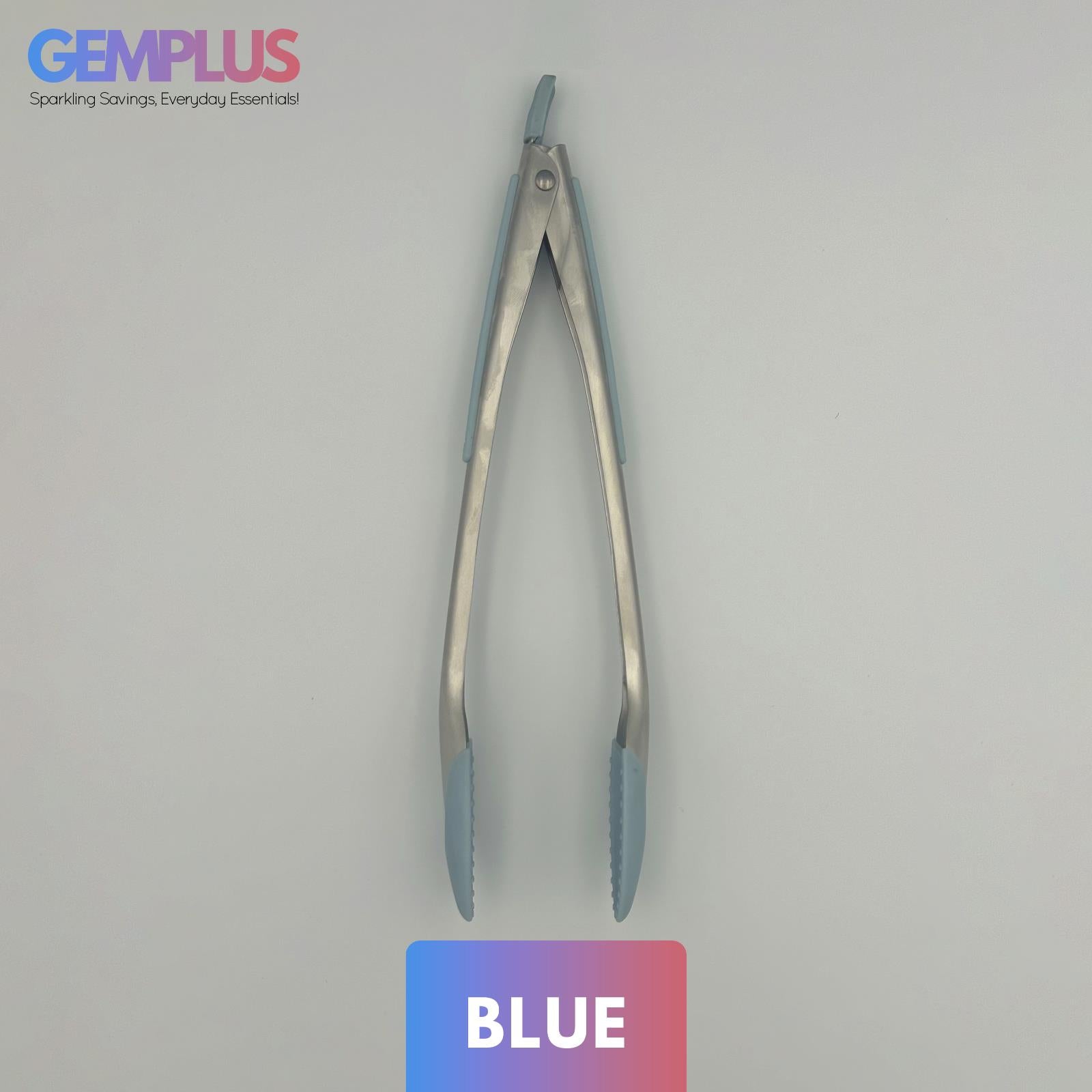 GEM+ | 12" Stainless Steel Tongs with Silicone Tips - Heat Resistant - Grey/Blue