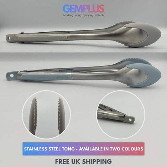 GEM+ | 12" Stainless Steel Tongs with Silicone Tips - Heat Resistant - Grey/Blue