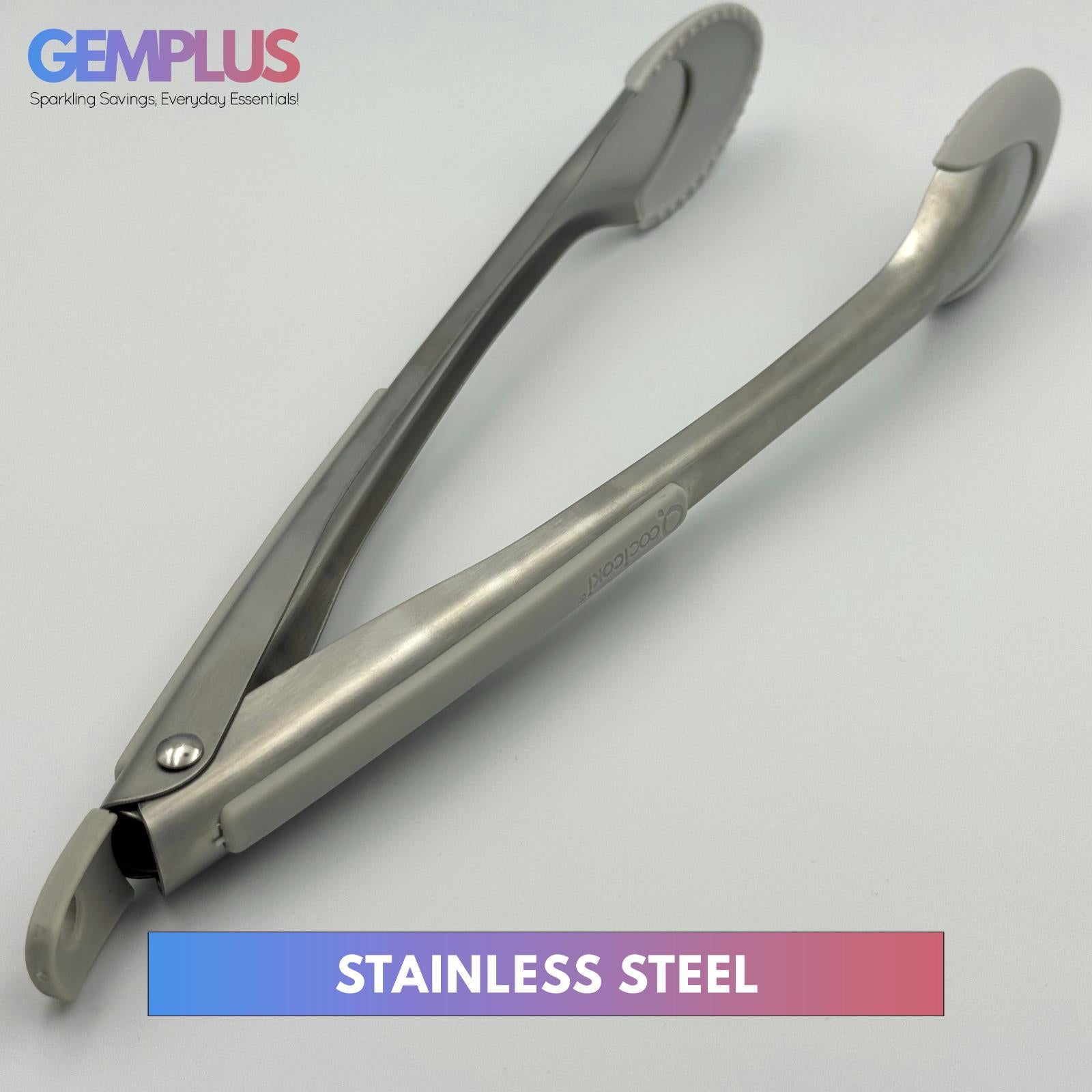 GEM+ | 12" Stainless Steel Tongs with Silicone Tips - Heat Resistant - Grey/Blue