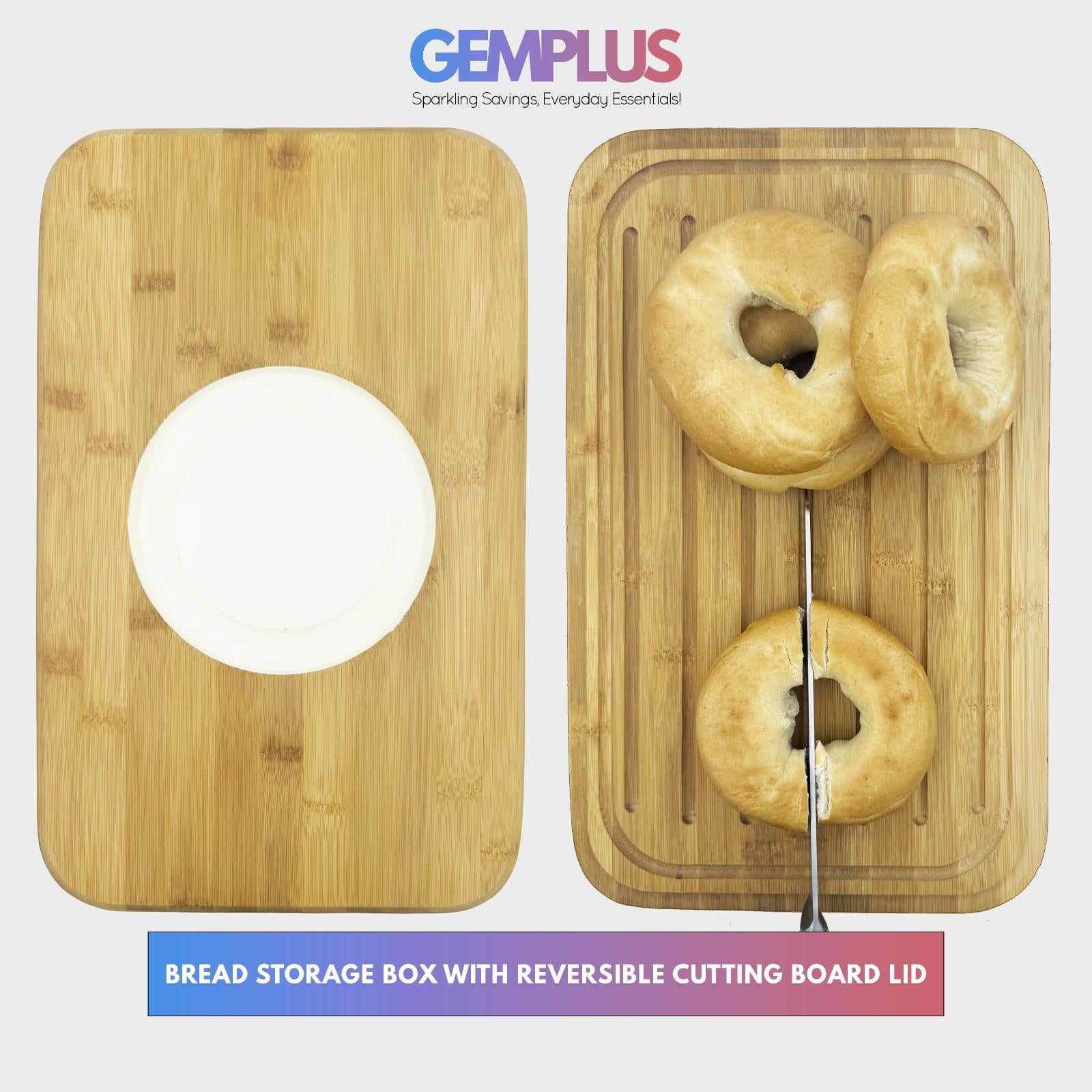 GEM+ | Bread Storage Bin Box with Eco Bamboo Cutting Board Lid Extra Large Space