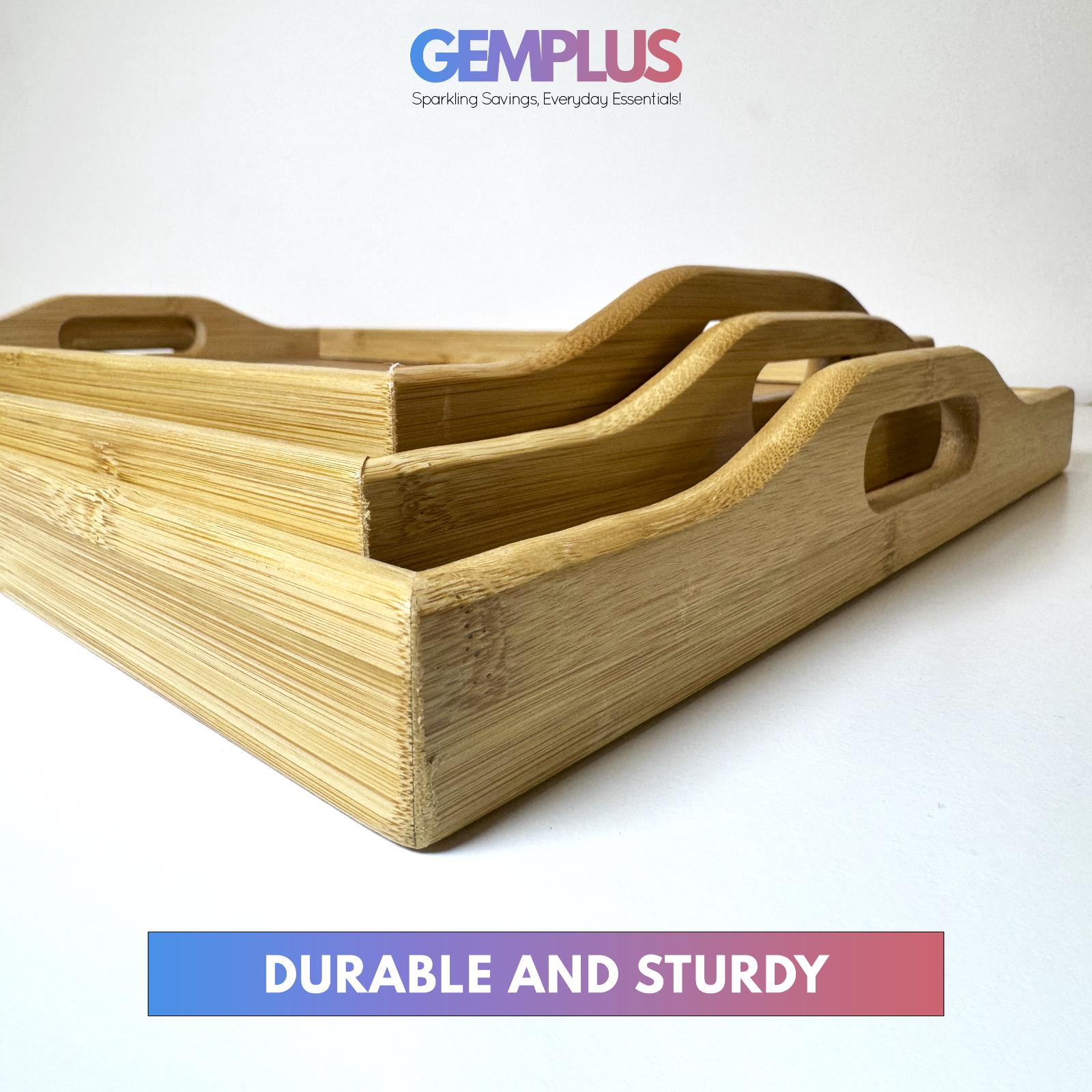 GEM+| 3pc Natural Bamboo Serving Tray Set - Multifunctional Durable, 3 Sizes