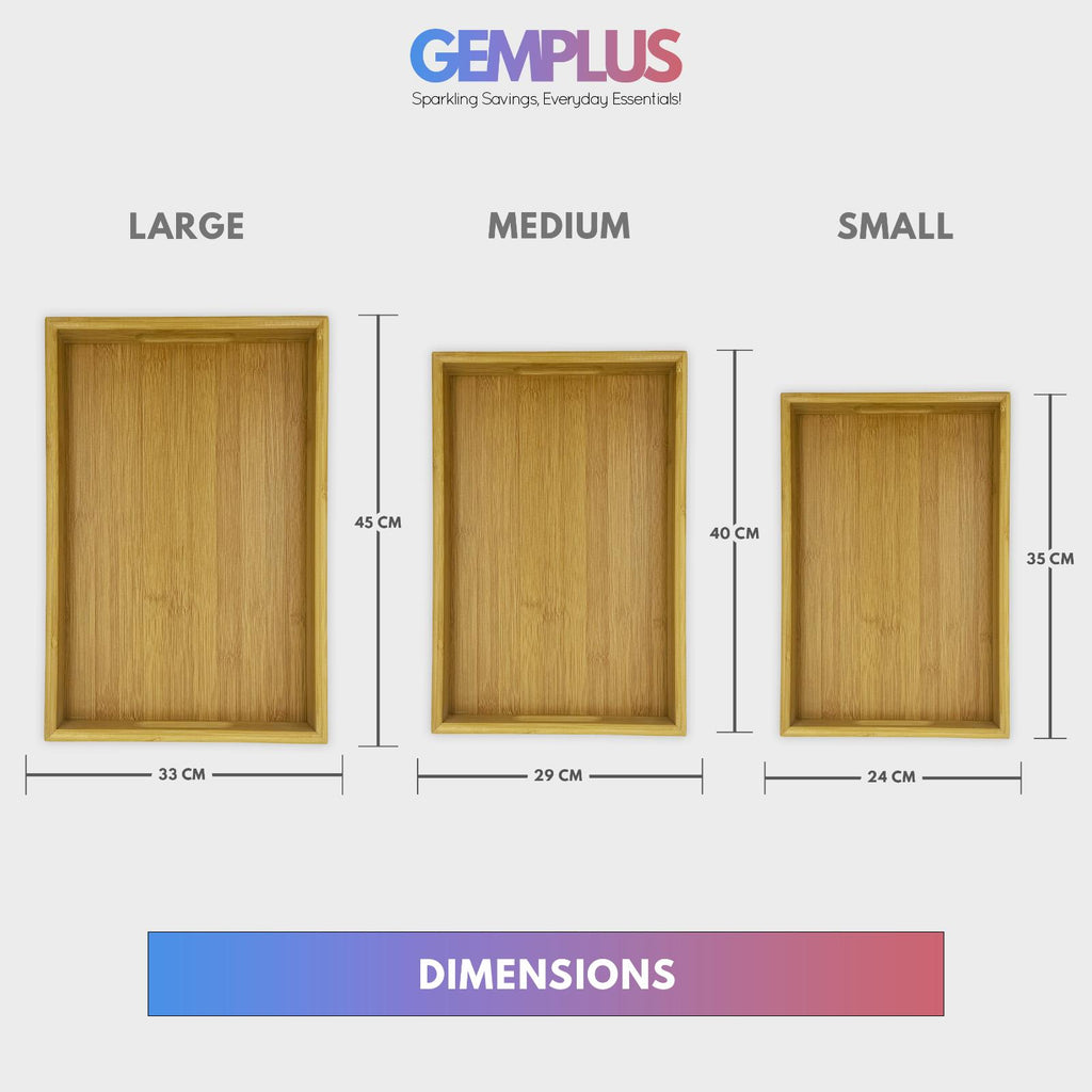 GEM+| 3pc Natural Bamboo Serving Tray Set - Multifunctional, Durable, 3 Sizes