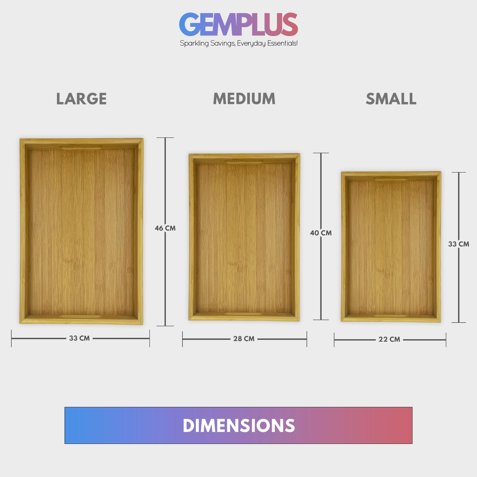 GEM+| 3pc Natural Bamboo Serving Tray Set - Multifunctional Durable 3 Sizes