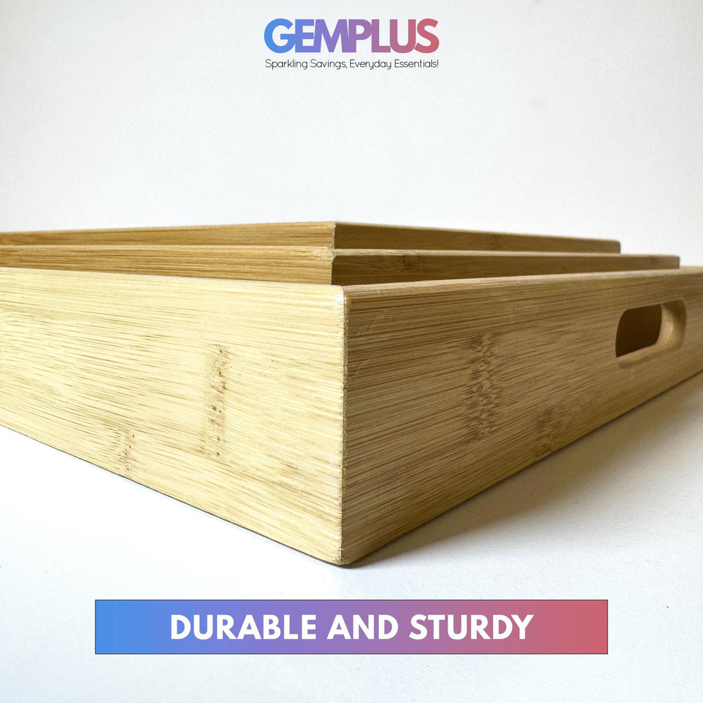 GEM+| 3pc Natural Bamboo Serving Tray Set - Multifunctional Durable 3 Sizes
