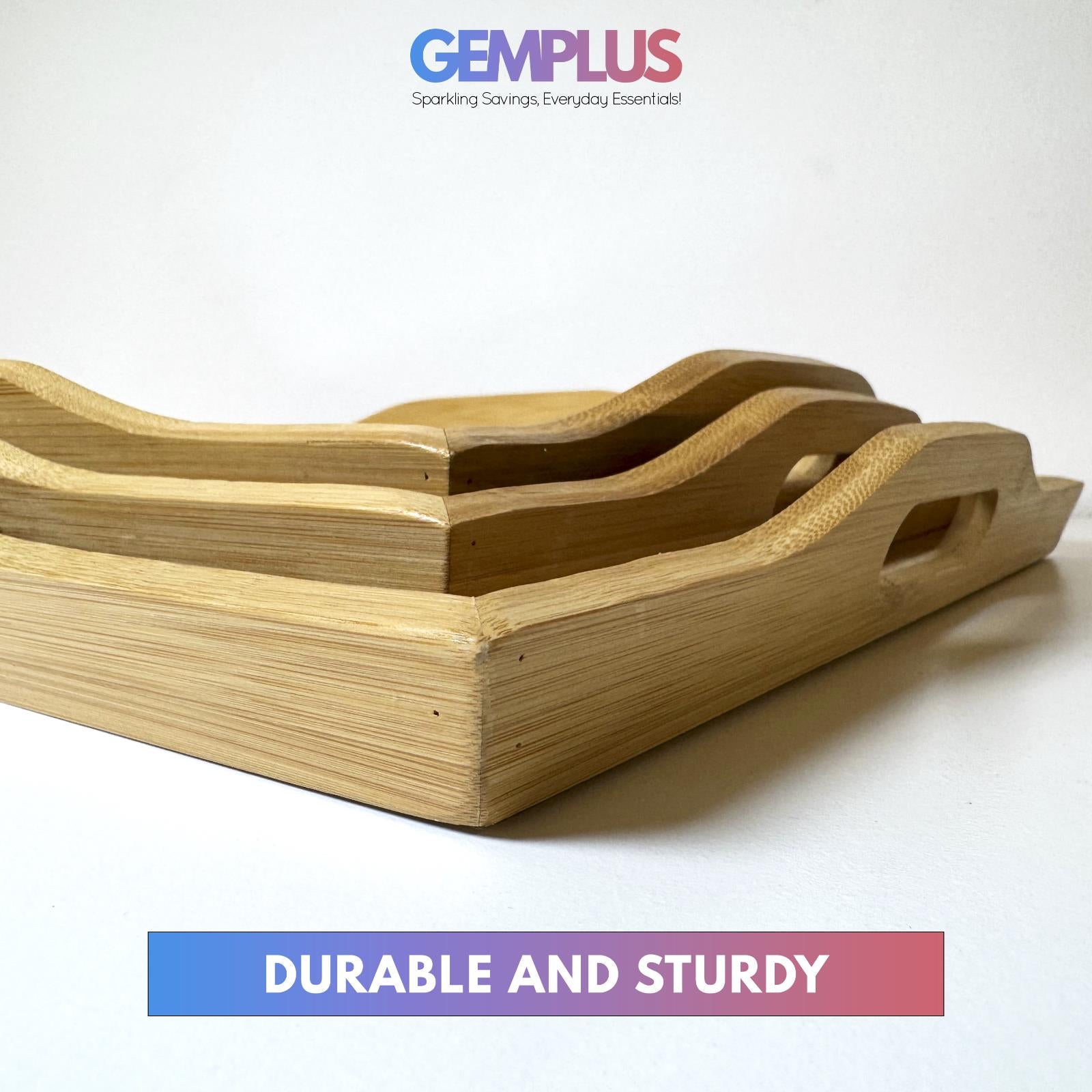 GEM+| 3pc Natural Bamboo Serving Tray Set Multifunctional Durable 3 Sizes