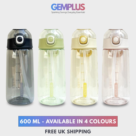 GEM+| 600ml Reusable Water Bottle with Straw BPA Leakproof Sports Gym Travel