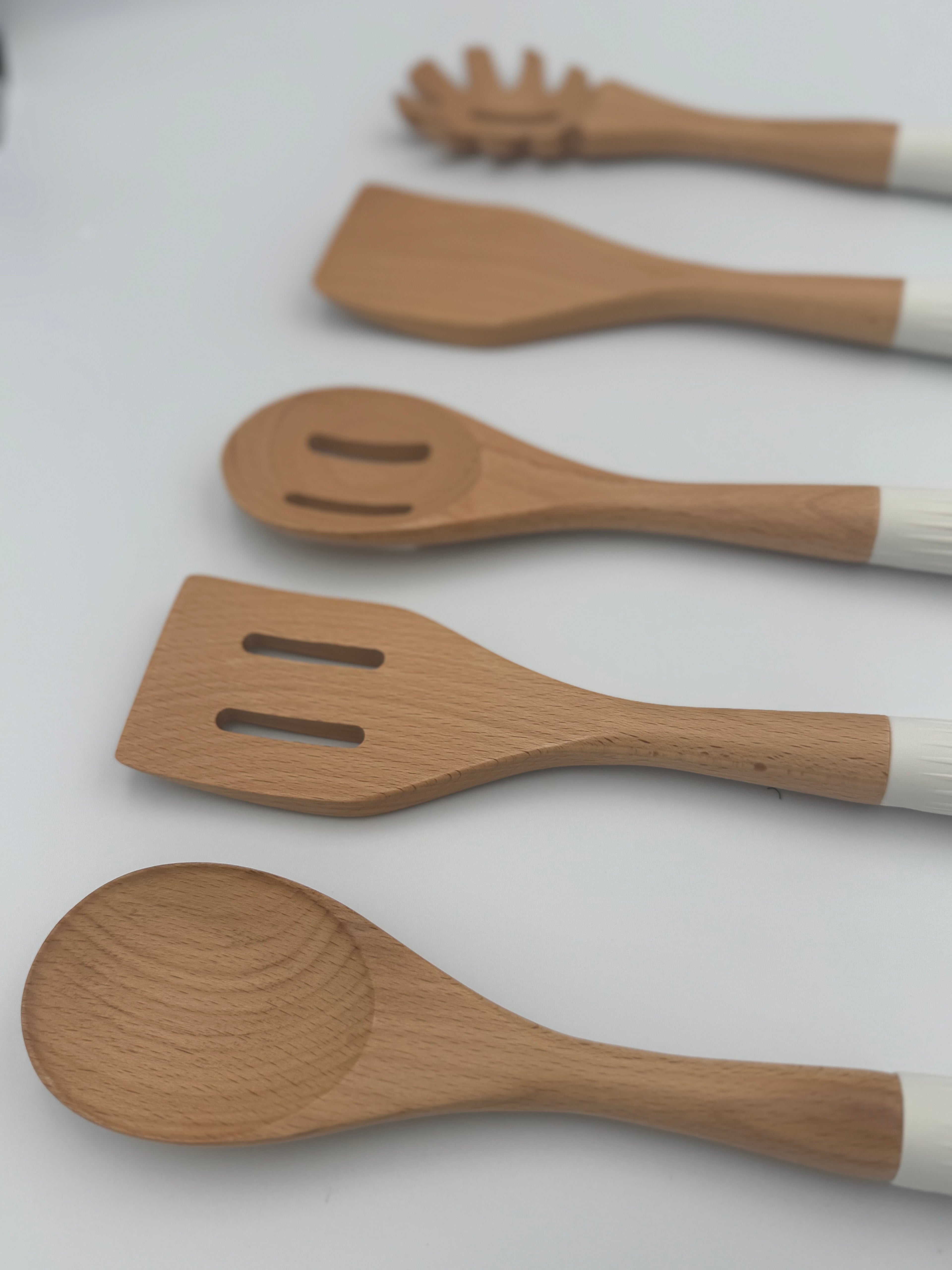 GEM+ | 5-Piece Premium Wooden & Silicone Utensil Set – Heat Resistant, White