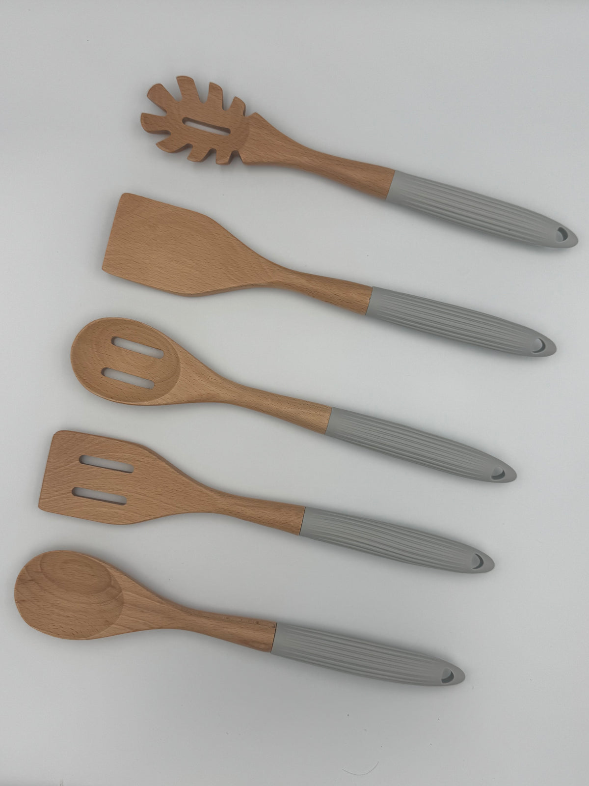 5-Piece Wooden Utensil Set, Grey Handles