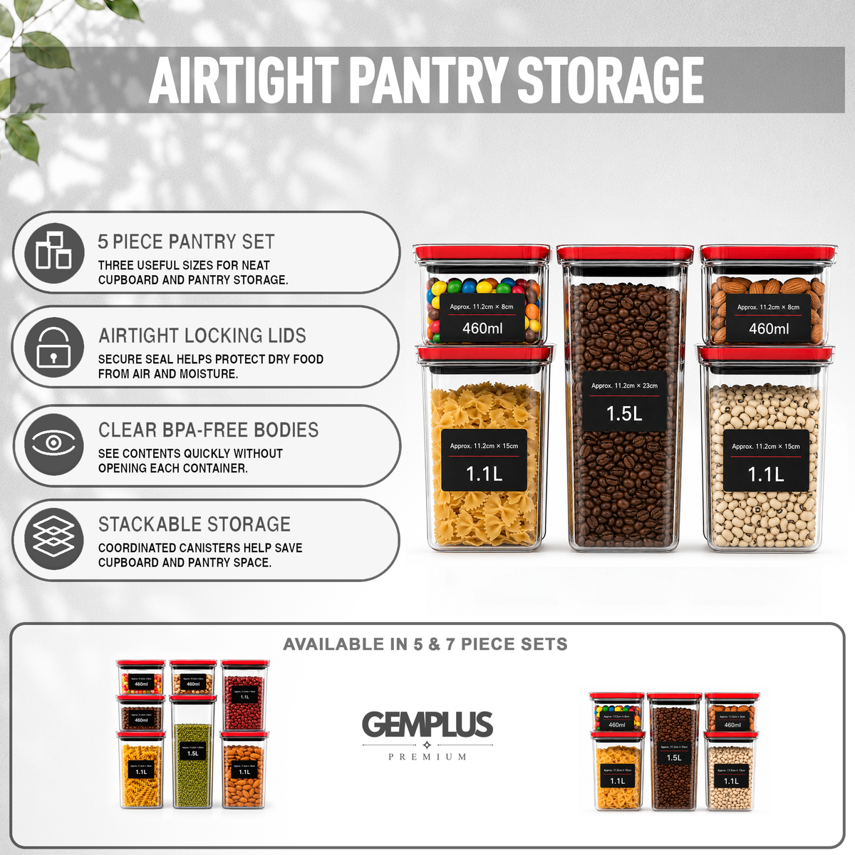 5-Piece Airtight Pantry Food Storage Containers