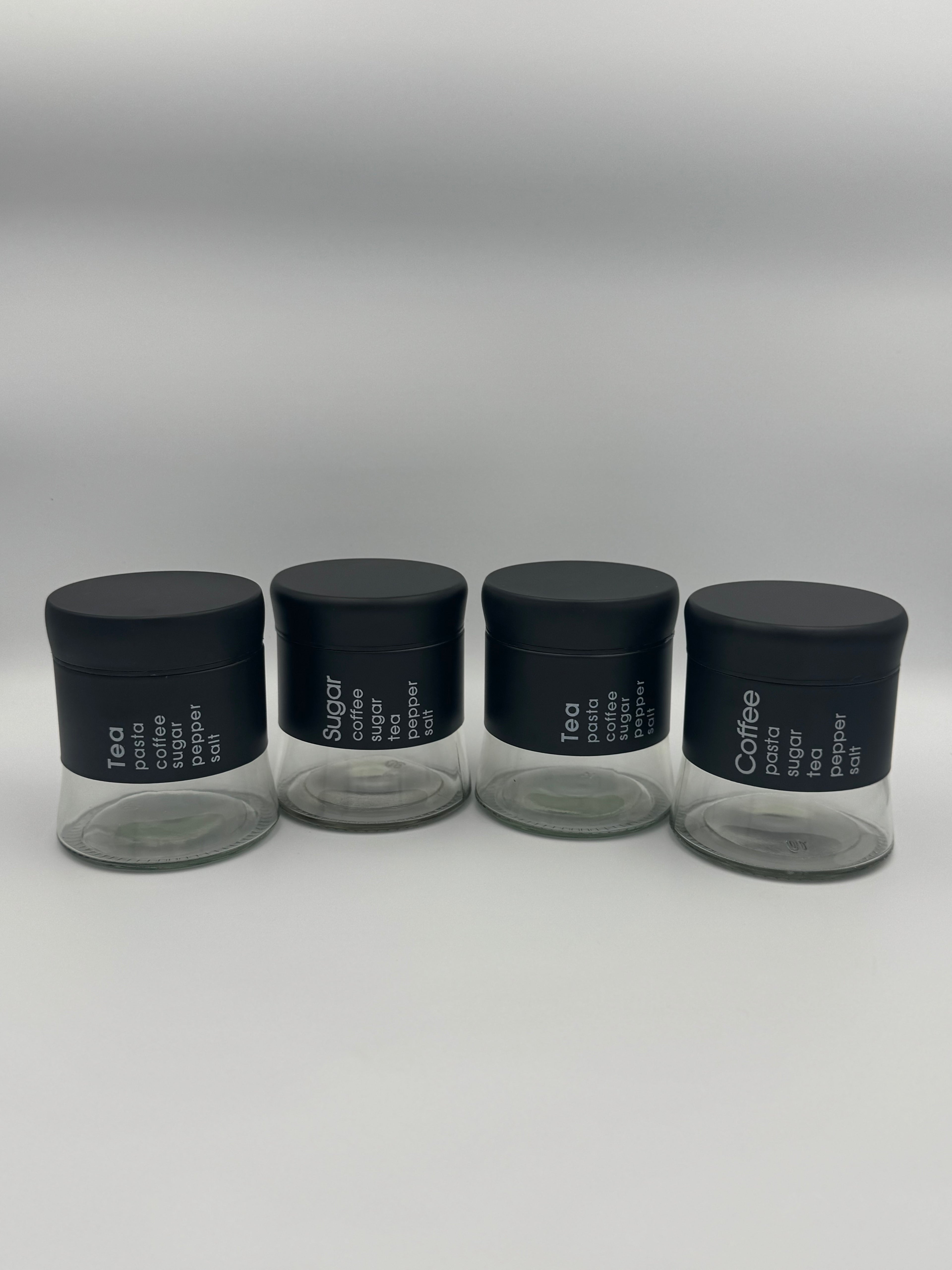 GEM+ | 5pc Glass Storage Jar Set with Black Lids – with Silver Stand