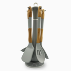 GEM+ | Premium 5 Pcs Wooden Silicone Utensil Set - Heat Resistant - Wood Grey