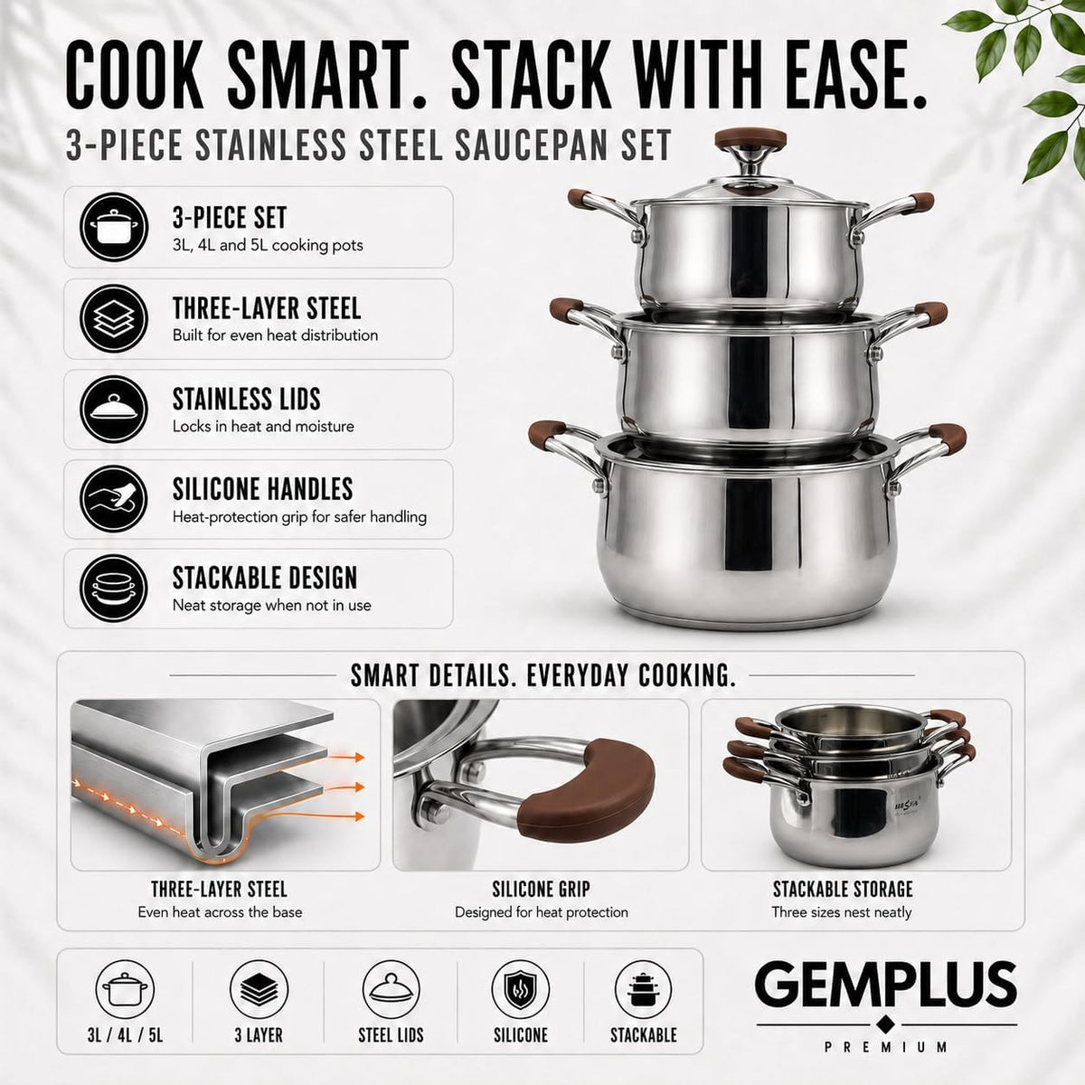 3-Piece Stainless Steel Saucepan Set - GEM+ GEM-052 image 6