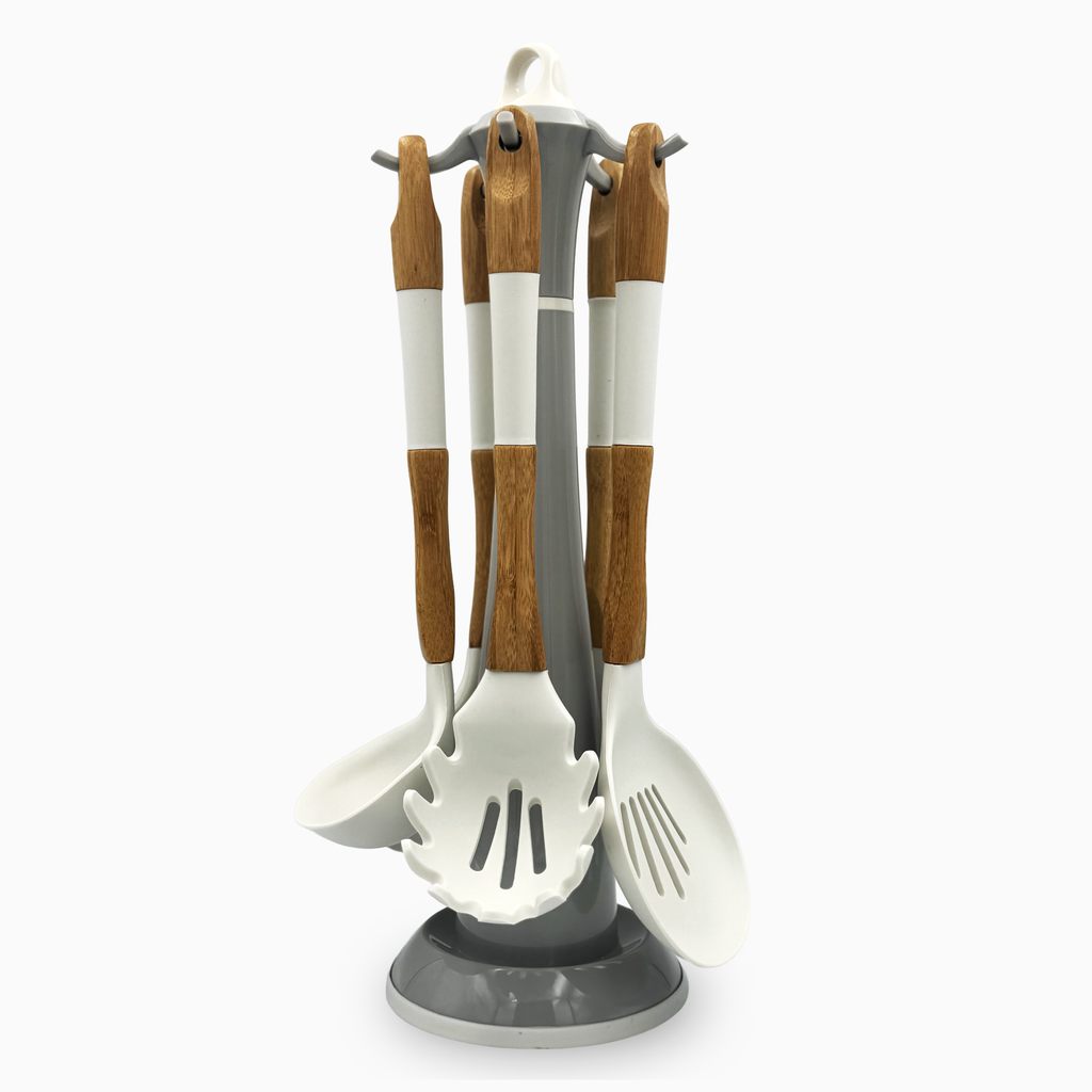 GEM+ | Premium 5 Pcs Wooden Silicone Utensil Set - Heat Resistant - Wood White