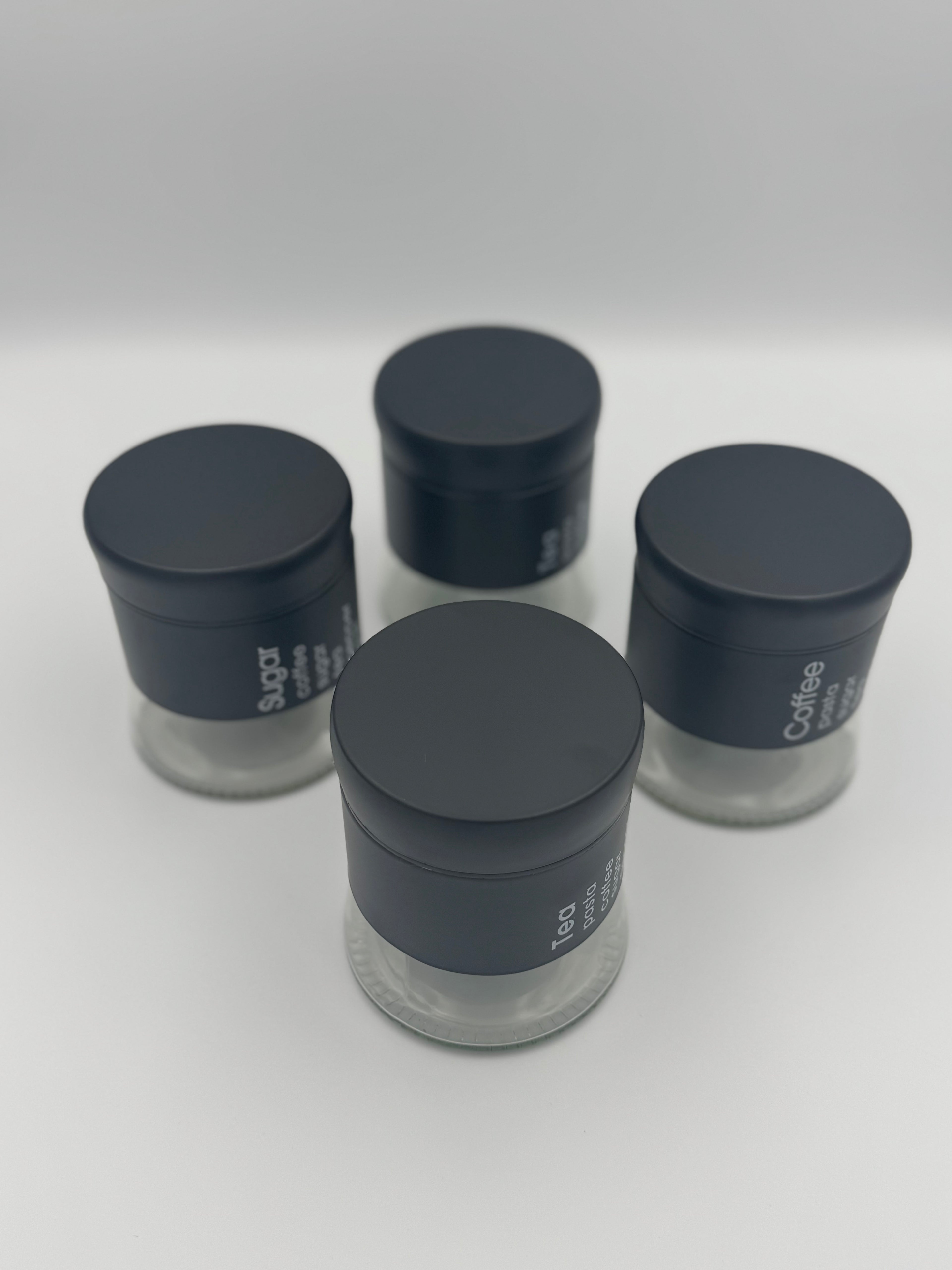 GEM+ | 5pc Glass Storage Jar Set with Black Lids – with Silver Stand
