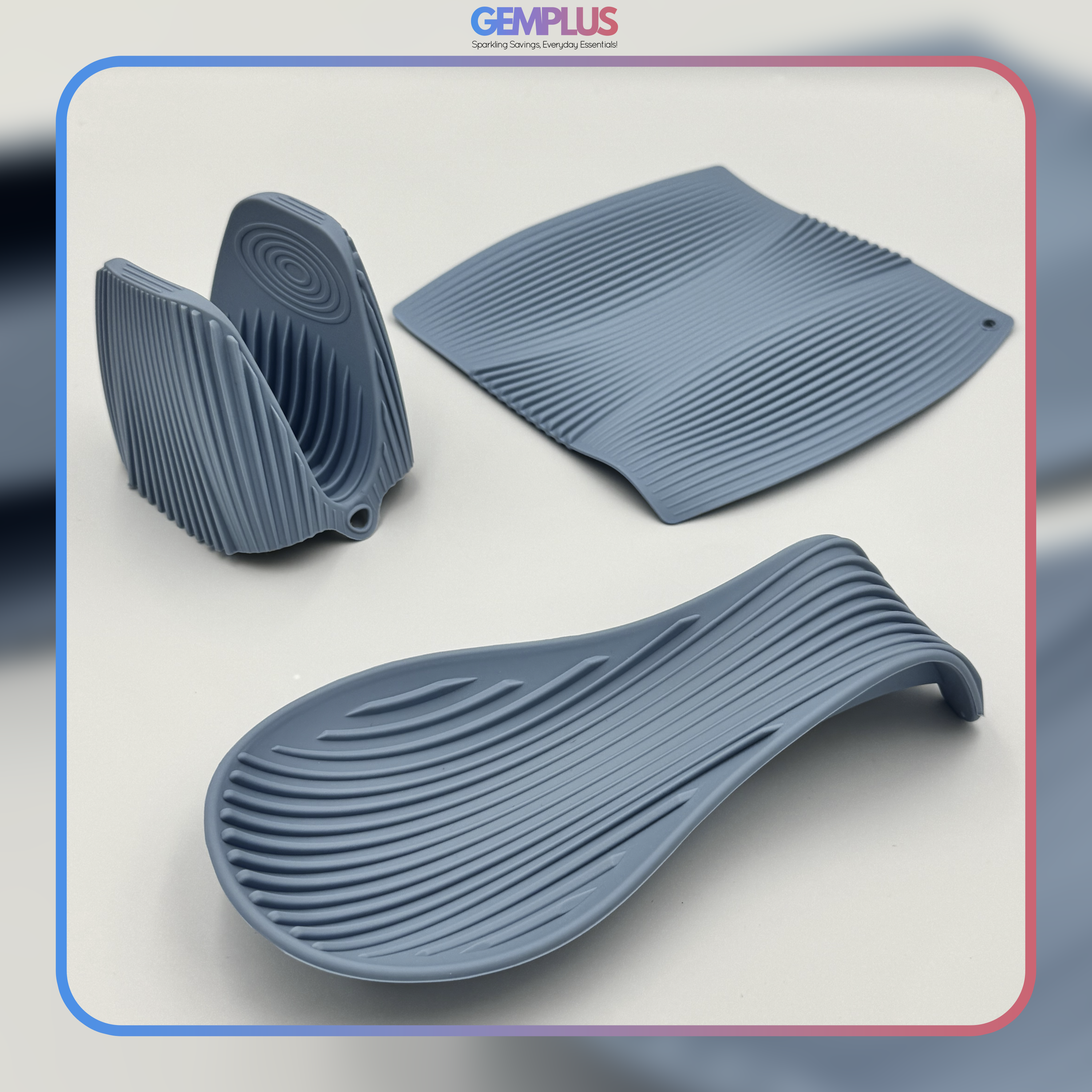 GEM+ | 5 Piece Silicone Kitchen Set – Heat Resistant Oven Mitt, Pot Holder, Spoon Rest & Trivet Set