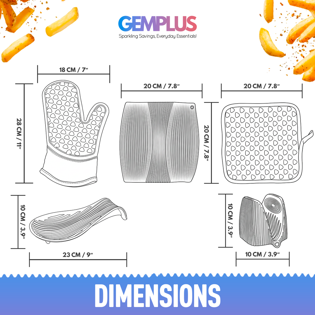 GEM+ | 5 Piece Silicone Kitchen Set – Heat Resistant Oven Mitt, Pot Holder, Spoon Rest & Trivet Set