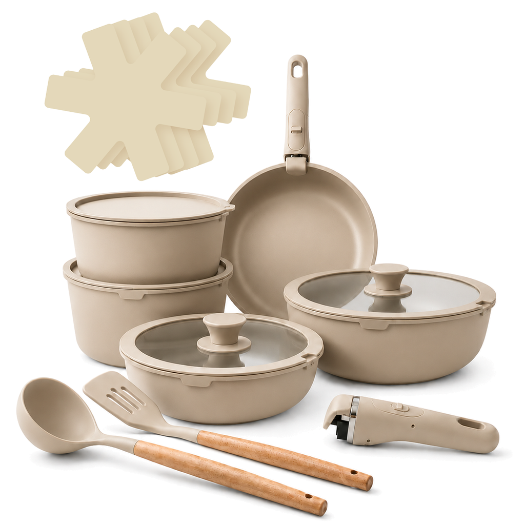 GEM+ | 17PCS Non-Stick Cookware Set Cream – Aluminium Induction Compatible Pots & Pans