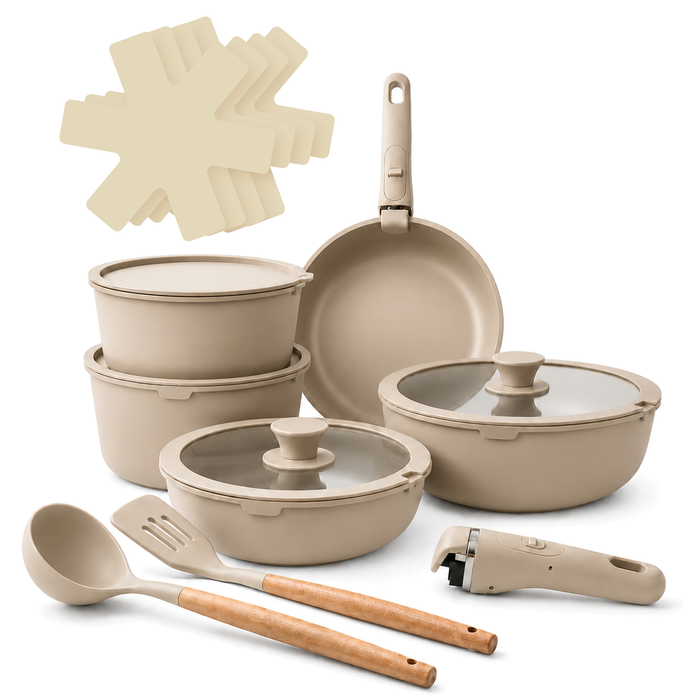 17-Piece Non-Stick Induction Cookware Set, Cream