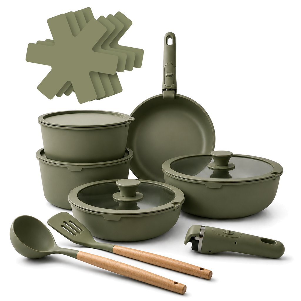 GEM+ | 17PCS Non-Stick Cookware Set Sage – Aluminium Pots & Pans Induction Compatible
