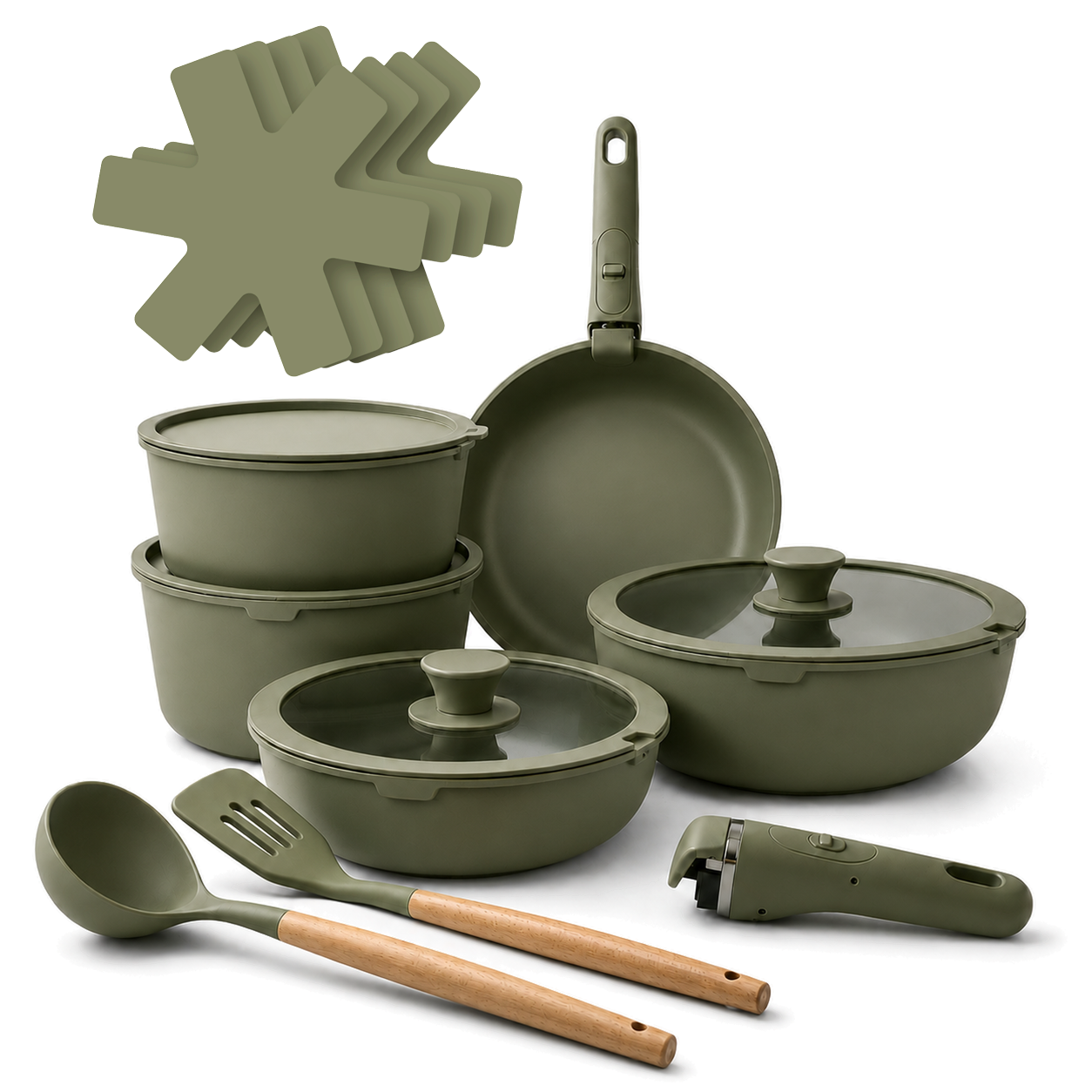 GEM+ | 17PCS Non-Stick Cookware Set Sage – Aluminium Pots & Pans Induction Compatible