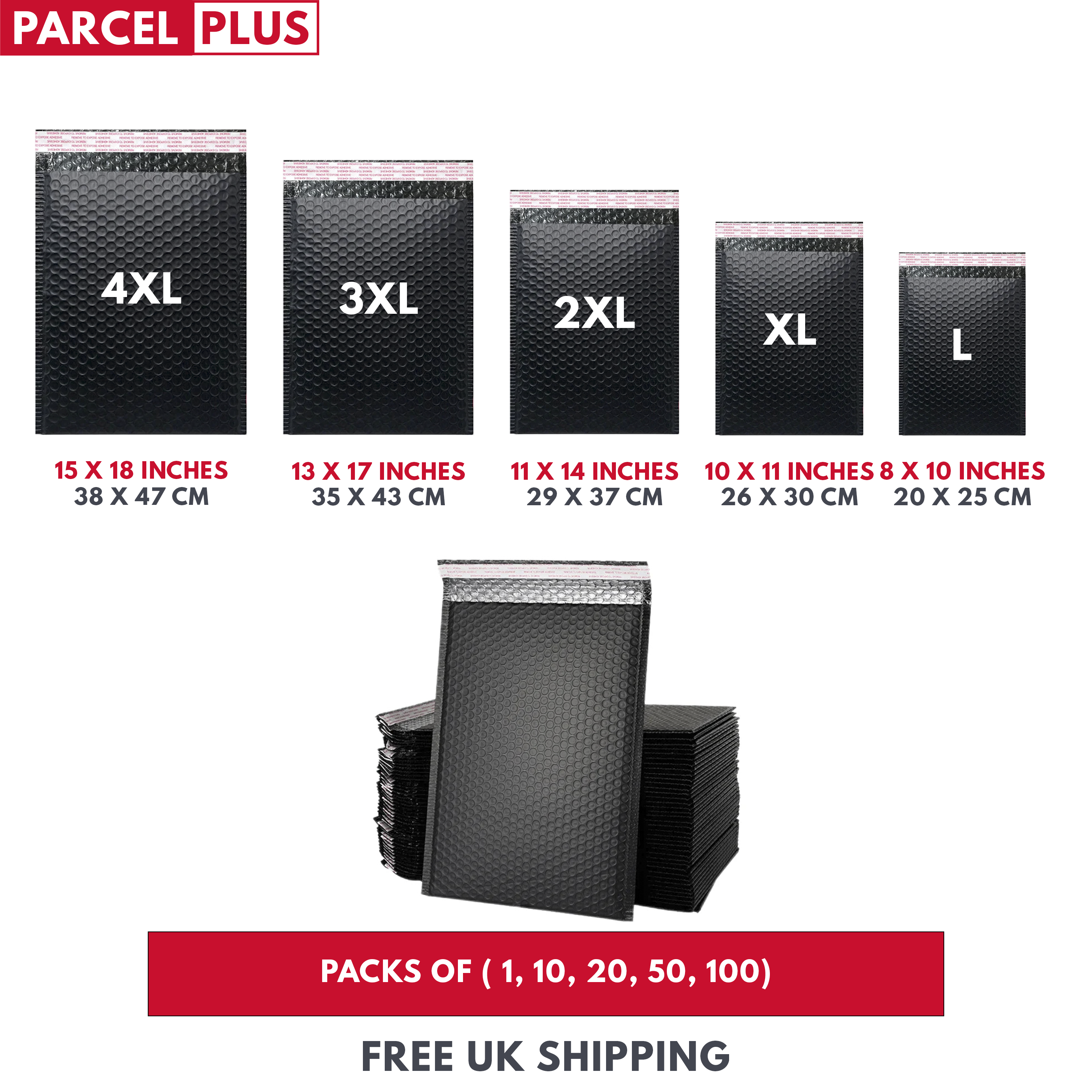 Parcel+ | Strong Large Black Bubble Padded Mailing Envelope Post Bags Postal