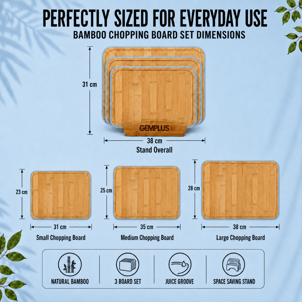 3 Bamboo Chopping Boards with Stand, Blue Trim