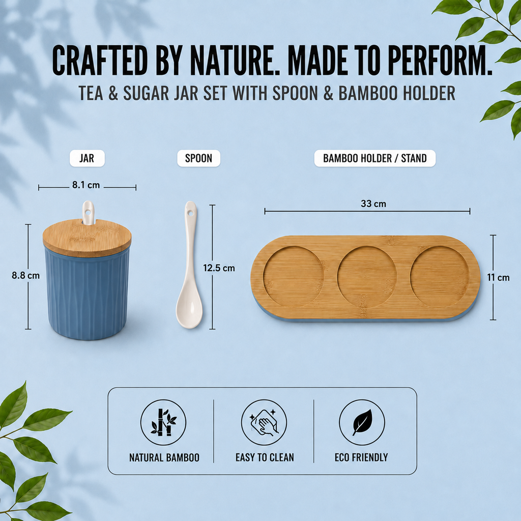3 Ceramic Storage Jars with Bamboo Tray, Blue