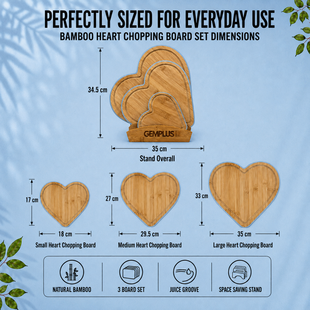 3 Heart Bamboo Chopping Boards with Stand, Blue