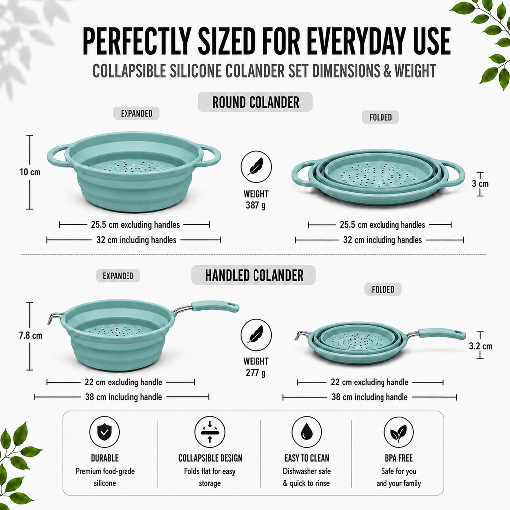 2-Piece Collapsible Silicone Colander Set, Teal