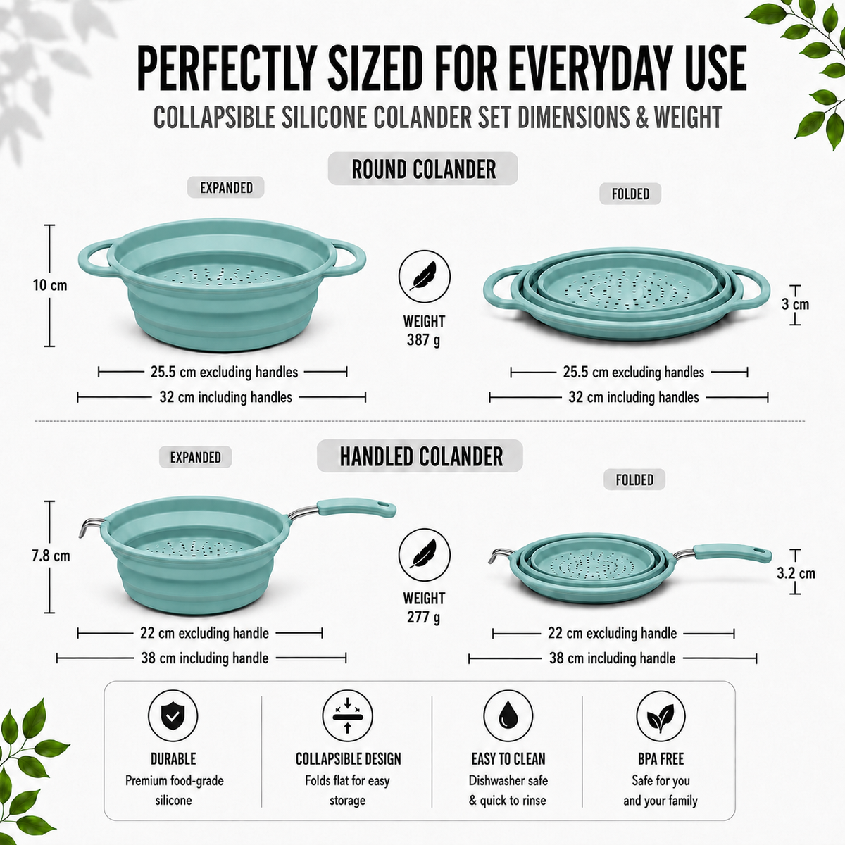 2-Piece Collapsible Silicone Colander Set, Teal