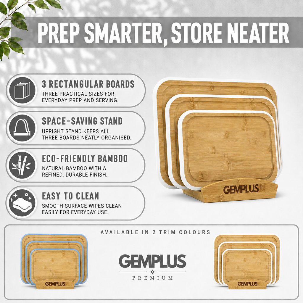3 Bamboo Chopping Boards with Stand, White Trim