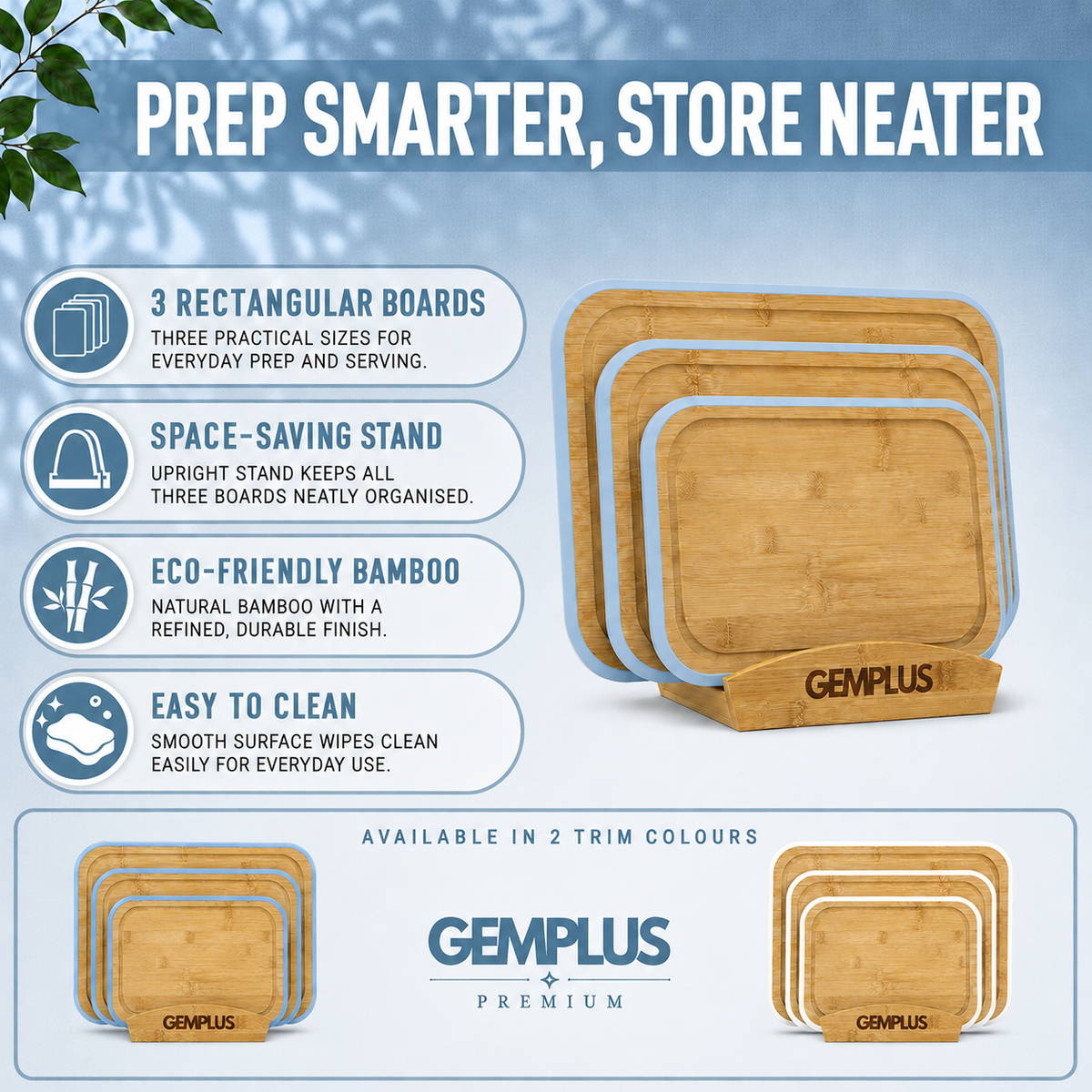 3 Bamboo Chopping Boards with Stand, Blue Trim
