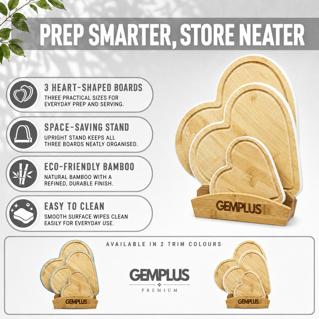 3 Heart Bamboo Chopping Boards with Stand, White
