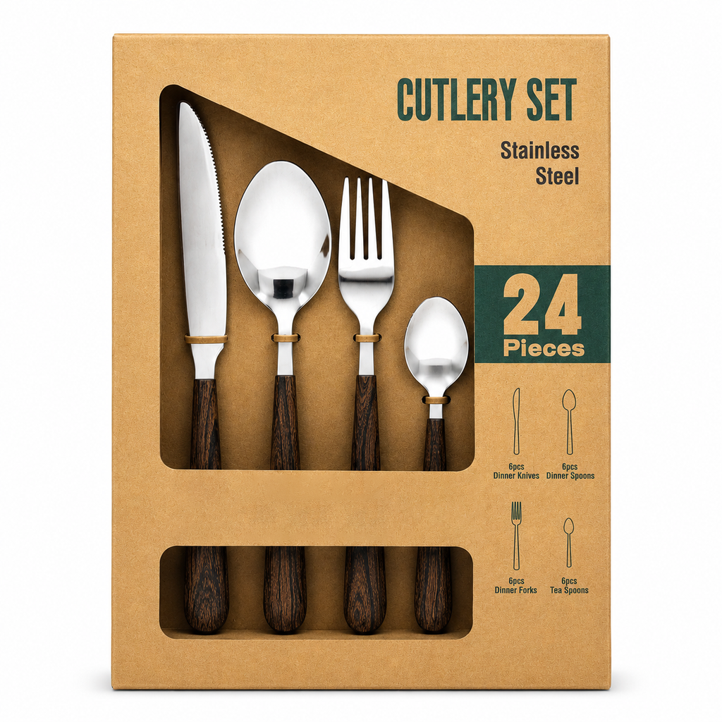 GEM+ | 24-Piece Stainless Steel Cutlery Set Dark Walnut Print Rust-Resistant