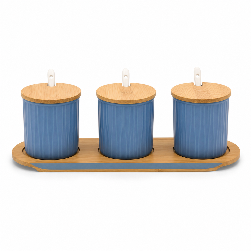 GEM+ | Ceramic Storage Jars Set of 3 Blue – Kitchen Canisters with Bamboo Lids, Spoons & Tray
