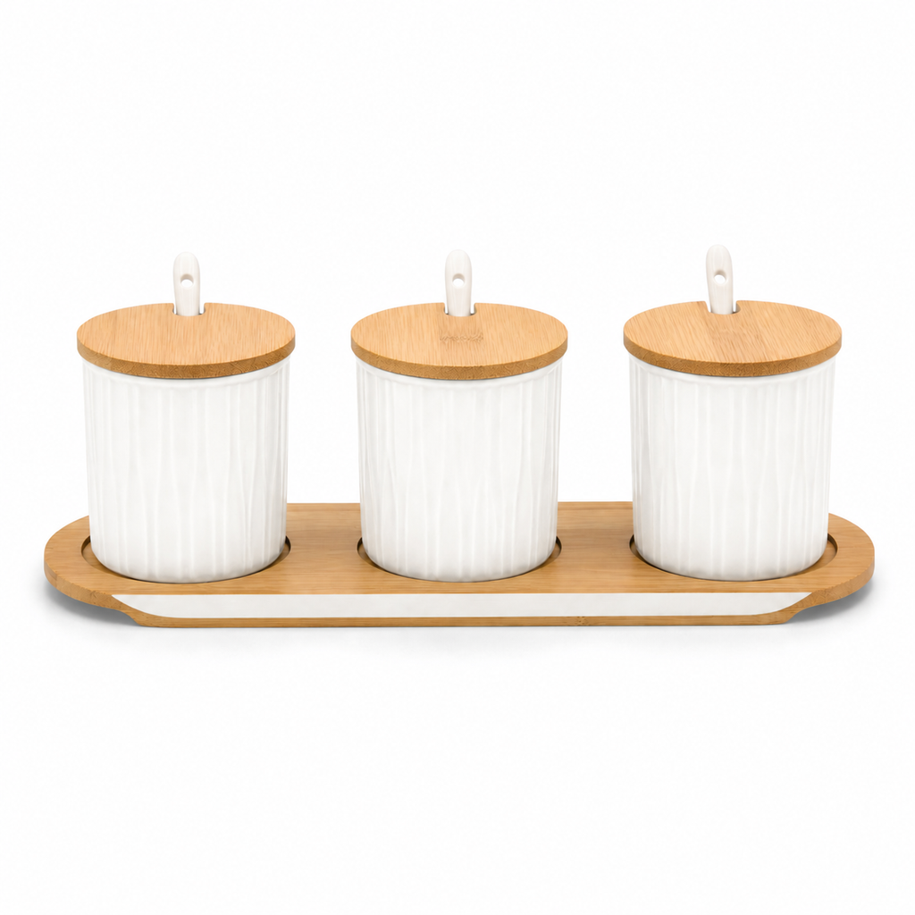 GEM+ | Ceramic Storage Jars Set of 3 White – Kitchen Canisters with Bamboo Lids, Spoons & Tray