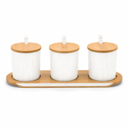GEM+ | Ceramic Storage Jars Set of 3 White – Kitchen Canisters with Bamboo Lids, Spoons & Tray