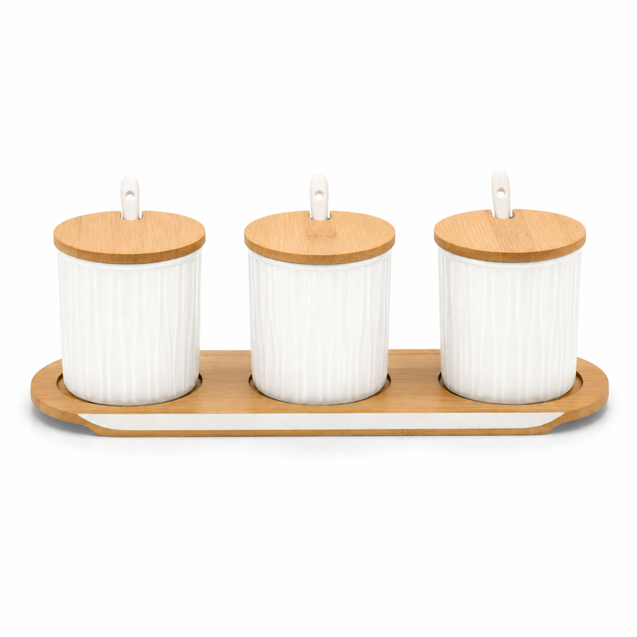 3 Ceramic Storage Jars with Bamboo Tray, White