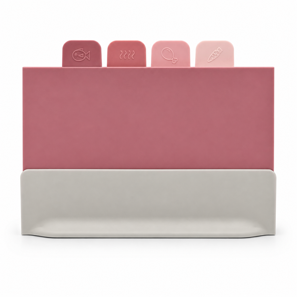 GEM+ | Chopping Boards Set of 4 Pink with Stand – Plastic Cutting Boards Kitchen Set with Holder
