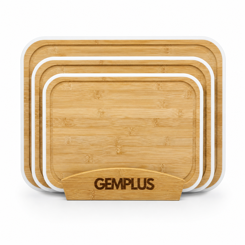 GEM+ | Bamboo Chopping Boards Set with Stand White Trim – 3 Piece Wooden Kitchen Cutting Board Set